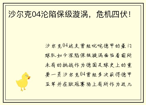 沙尔克04沦陷保级漩涡，危机四伏！
