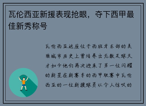 瓦伦西亚新援表现抢眼，夺下西甲最佳新秀称号